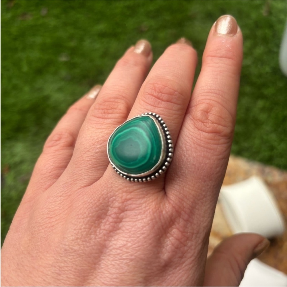 GENUINE Vintage Malachite Massive Stone Adjustable Ring Women Men Unisex Fashion - Picture 4 of 9